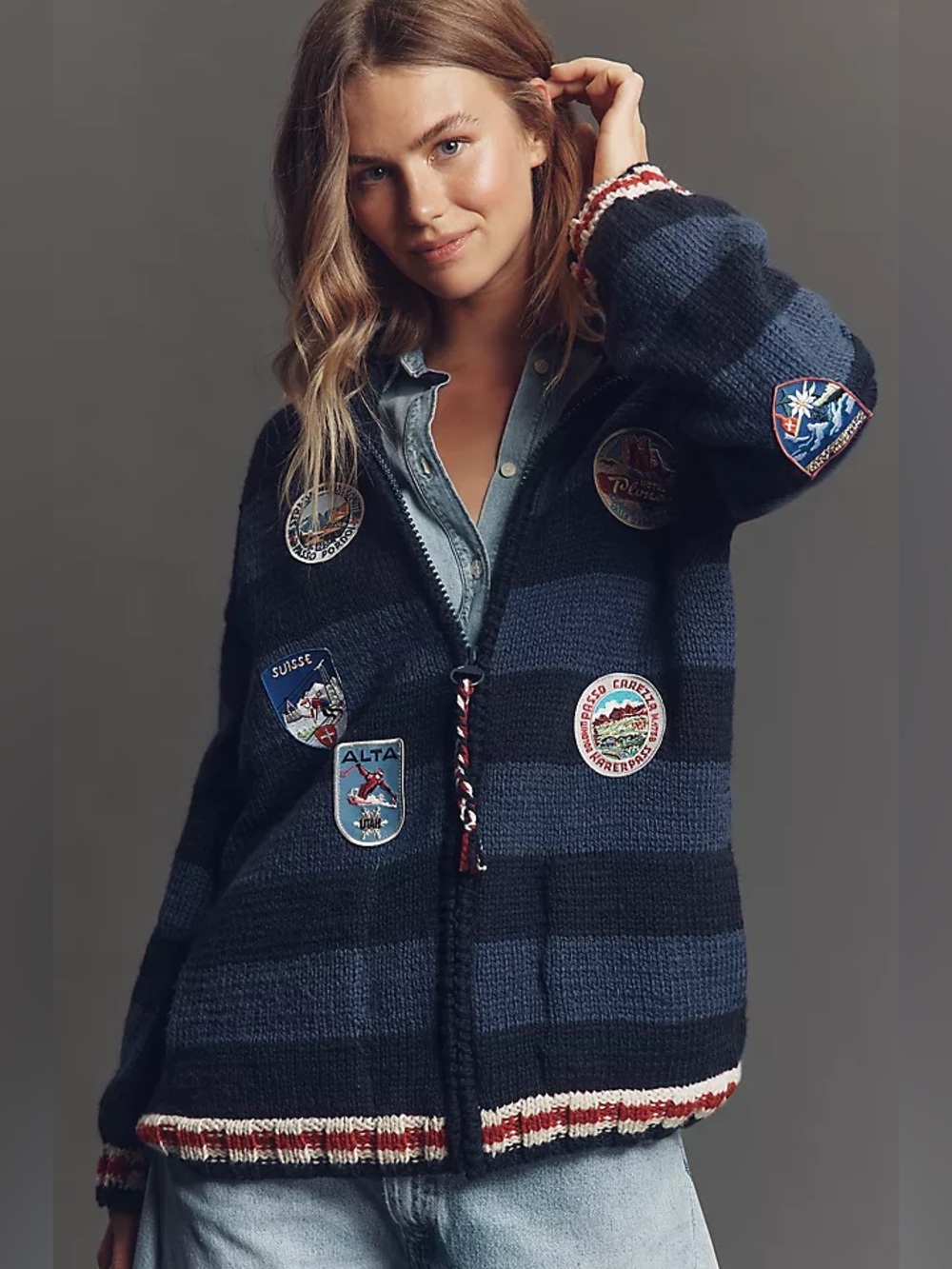 Frantic Dolomites Ski Cardi Wool Patches Sweater Zip Up Medium